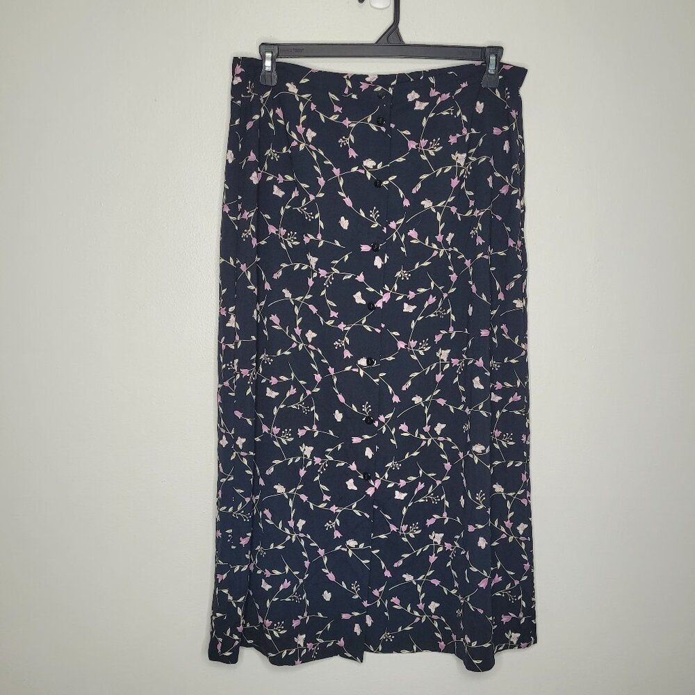 Vintage 90s Kathie Lee black purple floral button front maxi midi grunge skirt